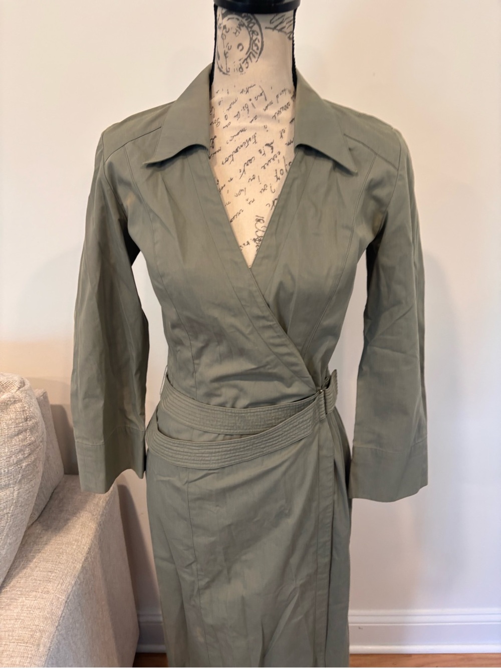 Vintage 1990s Thierry Mugler olive green wrap trench dress size FR 38/US 6 - Picture 2 of 9